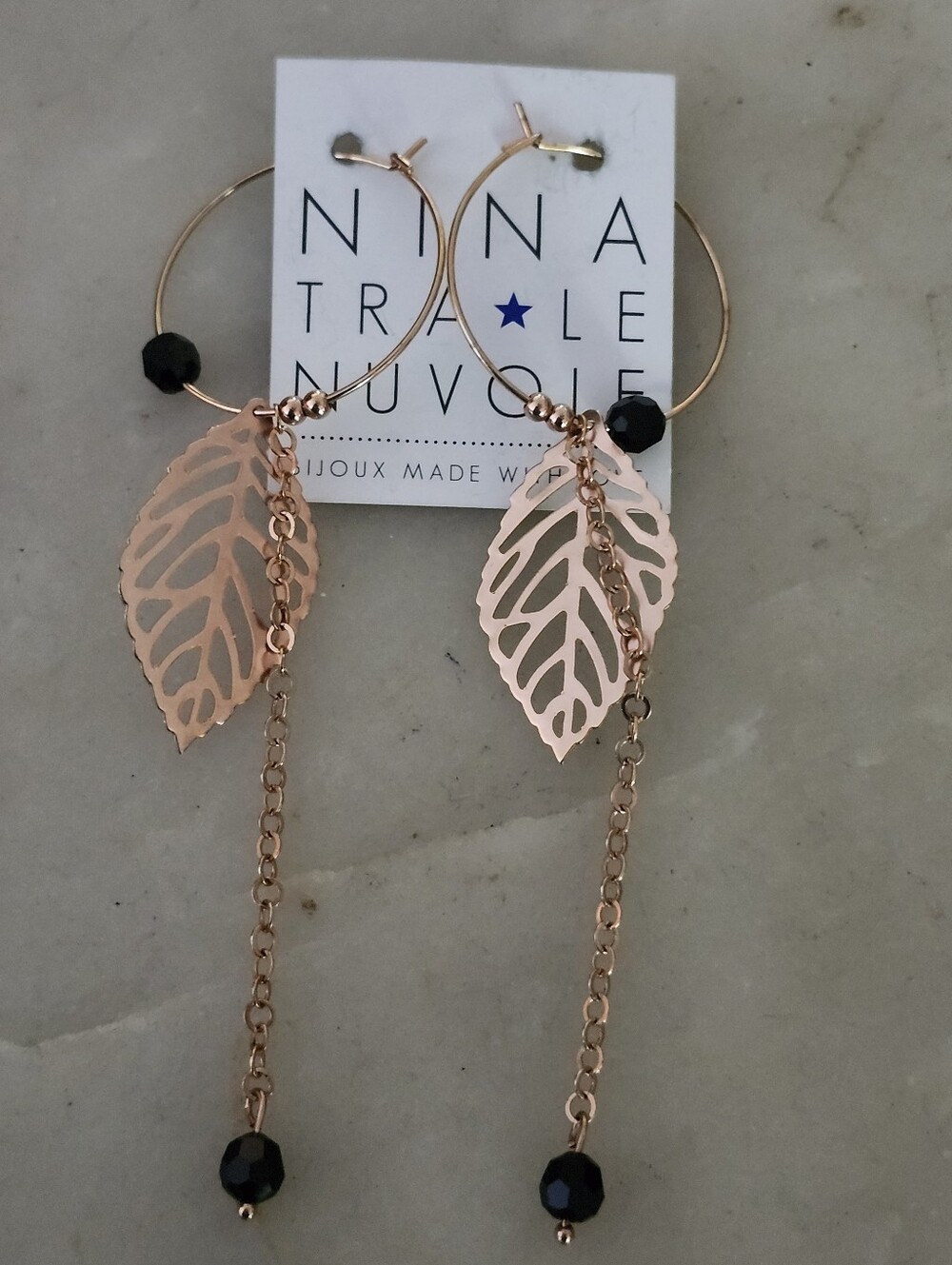 Rose Gold Leaf Dangle Hoop Drop Earrings with Black Beads -Nina Tra Le Nuvole